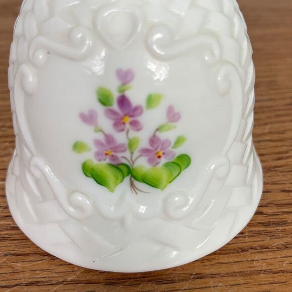 PRICE DROP Fenton Vtg white milk glass bell handpainted, violets in snow - Picture 2 of 5